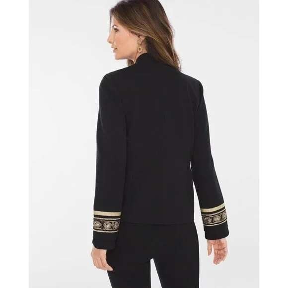 Chico's Black Blazer Jacket Size 8 Medium Gold Button Embroidered‎ Long - Picture 9 of 13